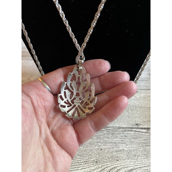 Vintage Trifari Silver Plated Double Chain Pendant Necklace Signed - Picture 5 of 6